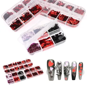 Red heart nail sequins glitter in clear storage box detail view for nail art design