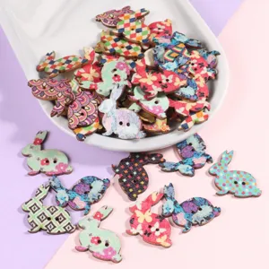 Cute cartoon rabbit wooden buttons, colorful printed 2-hole sewing buttons for crafts.