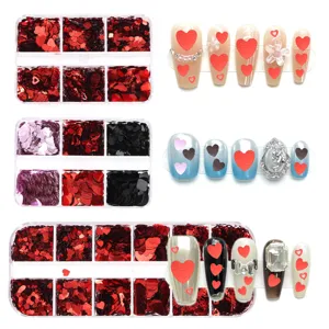 Valentine Heart Nail Art Sequins Mixed Size Red Mixed Color Acrylic Nail Glitter Flakes For DIY Manicure