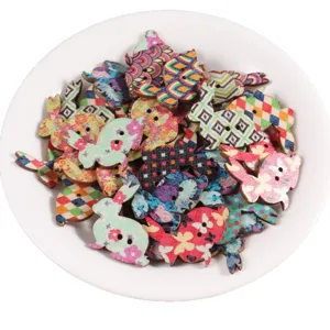 Colorful wooden rabbit buttons mixed print sewing buttons for clothes craft DIY 50pcs