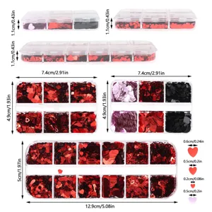 Valentine red heart nail art sequins in clear storage box for DIY manicure decorations main view