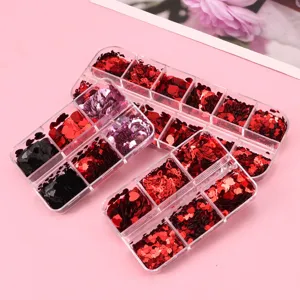 Valentine red heart nail art glitter sequins in clear storage boxes, perfect for DIY nail decor.