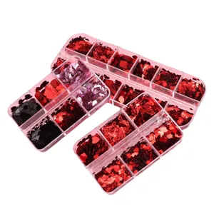 Valentine red heart nail art sequins mixed styles DIY boxed glitter flakes wholesale