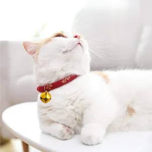 Joli collier pour animal rouge avec pendentif cloche dorée, accessoire métal pour chats.