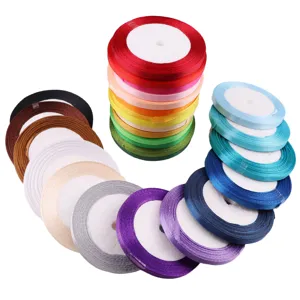 Colorful satin ribbon detail shot, 6mm width polyester fabric for DIY gift wrapping crafts.