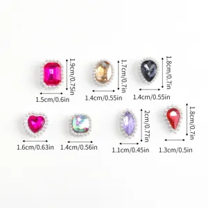 Assorted DIY rhinestone pearl button accessories in multiple shapes with clear dimension guides.