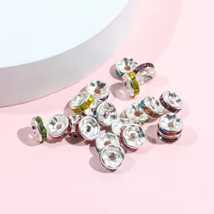 Colorful rhinestone spacer beads round metal ring charms for DIY bracelet making 50pcs