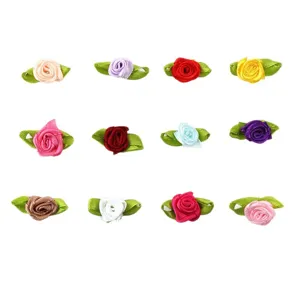 Handmade ribbon rose flowers with green leaves, 50pcs pack for apparel and craft DIY decoration.