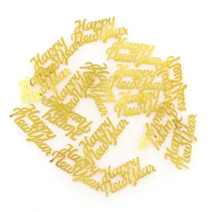 Gold Happy New Year confetti for holiday party decoration, shiny plastic table scatter.