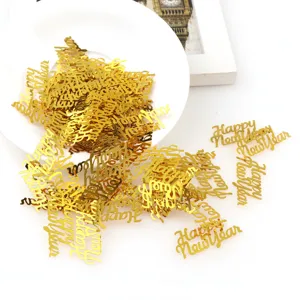 Gold Happy New Year confetti plastic glitter pieces for party table decoration.