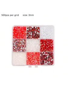 Detail view of 9-grid storage box filled with 3mm colorful resin jelly nail art rhinestones.