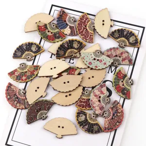 Wooden fan-shaped buttons with vintage floral prints, perfect for DIY sewing and crafts.