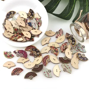 Wooden fan-shaped buttons painted floral pattern DIY sewing craft accessories 50pcs