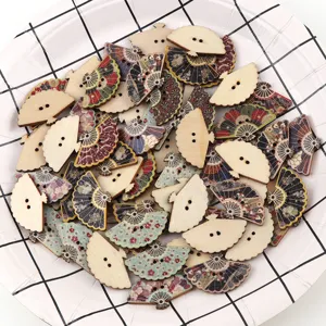 Painted Wooden Fan Shaped Buttons Traditional Print Mixed Color DIY Sewing Craft Clothing Accessories