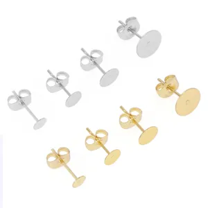 Detailed view of stainless steel flat pad blank ear studs with butterfly backs in various sizes.