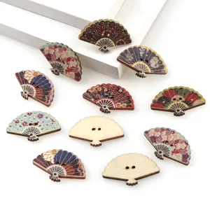 Wholesale fan-shaped painted wooden buttons set, cute floral print DIY clothing craft items