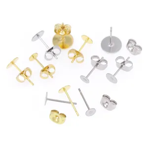 Stainless steel flat pad stud earring findings with butterfly backs for DIY jewelry making.