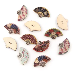 Fan-shaped painted wooden buttons with floral patterns, perfect for DIY sewing and crafts.
