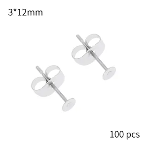 Stainless steel flat pad blank stud earrings 3x12mm 100pcs DIY jewelry findings making