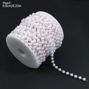 Rollo de cadena de perlas ABS con anillos dorados, diámetro de perla 0.6cm para joyería y manual.