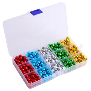 Cloches métalliques colorées de 10 mm dans une boîte de rangement transparente, idéal.