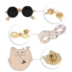 Cute cartoon enamel brooch set featuring sunglasses and animal designs, detailed back pin view.