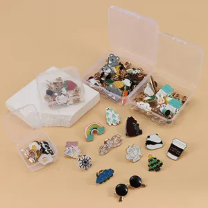 Cute cartoon enamel pins set, assorted metal brooches for apparel and backpack accessories details.