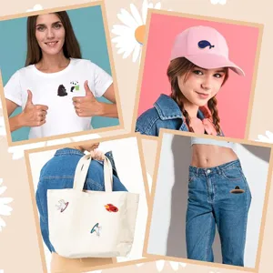 Cute cartoon enamel pins set, detail view of animal and rocket badges on clothing items.