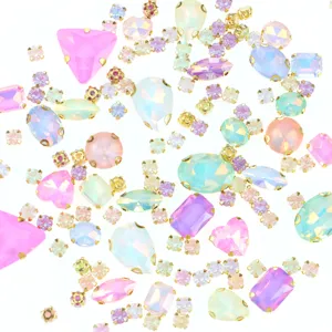 130pcs colorful sew-on rhinestones crystals with gold claw settings for DIY craft apparel.