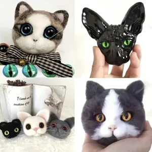 Handmade needle felt cat head brooch DIY glass eyes craft material simulation doll accessory