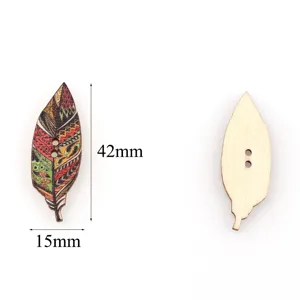 Wooden leaf shaped buttons with colorful printed patterns, 42x15mm DIY sewing crafts.