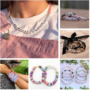 Detailed view of DIY handmade custom name beaded bracelets and necklaces with colorful letter beads.