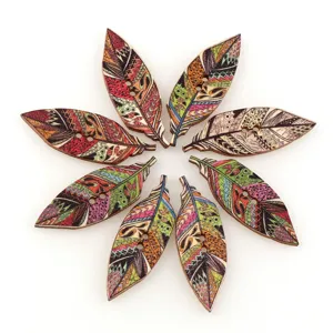 Colorful leaf wooden buttons with boho tribal print, ideal for DIY kids clothing crafts.