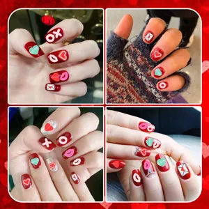 Valentine's Day press-on nails red heart and lips nail art detail view accessories