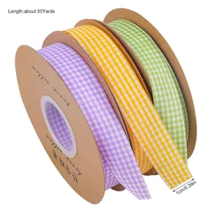 Checkered ribbon rolls in purple, yellow and green for handmade DIY gifts and flower packaging.
