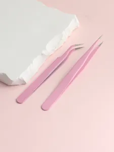 Precision pink tweezers set for makeup and DIY jewelry crafts, detailed stainless steel tool.