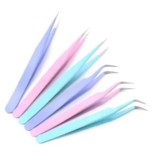 Macaron color precision stainless steel tweezers detail showing curved and straight tips.
