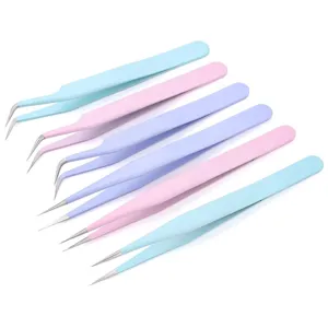 Macaron color precision stainless steel tweezers set for eyelash extension and DIY jewelry crafts.