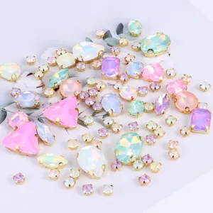 Colorful sew-on rhinestones crystals flatback glass stones with gold metal settings for DIY crafts.