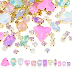 Colorful crystal rhinestones with gold claw settings, assorted shapes for DIY crafts sewing.