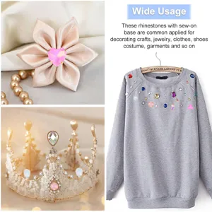 Detailed view of colorful sew-on rhinestones with metal base, ideal for decorating clothes.