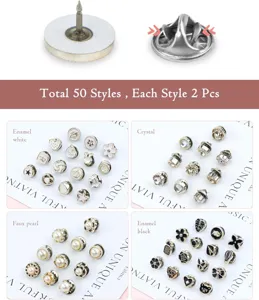Anti-glare brooch pins set, 50 styles assorted enamel pearl crystal decorative buttons.
