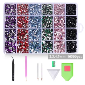24-Faecher Harz Strasssteine DIY Nagelkunst Set mit 16500 Stueck 2-5mm Steinen und Werkzeug.