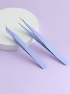 Close-up of macaron purple precision stainless steel tweezers set on clean display stand.