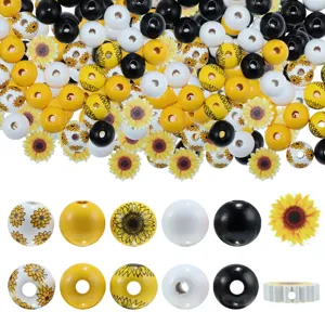 Sunflower wooden beads detail showing assorted colors, patterns, and shapes for DIY crafts.