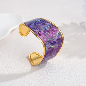 Stainless steel 18k gold plated purple patterned geometric open cuff bracelet detail view.