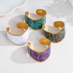 Stainless steel 18k gold geometric C-shaped open cuff bracelet set with colorful resin details.