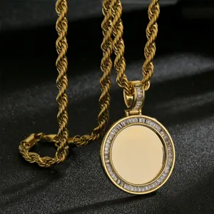 Collar Medallón de Foto Personalizado Cadena Cuerda Oro Colgante Circonita Cúbica Redondo