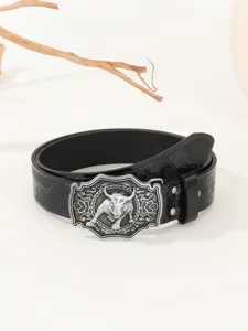 Men's retro embossed leather belt with western metal bull buckle, stylish carved design.