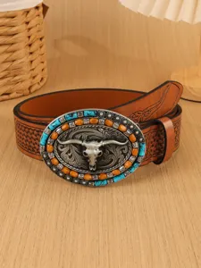 Close-up detail showing the retro western style belt with a large bull skull buckle and beads.